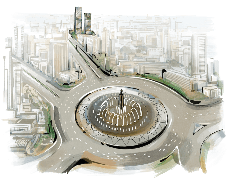 A bustling street scene in the Sudirman area of Jakarta.